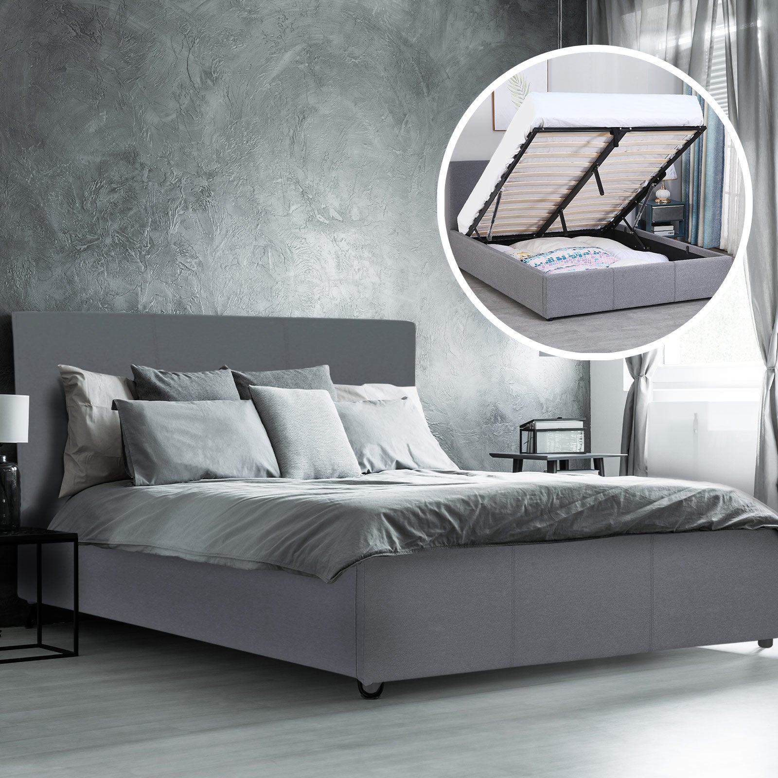 Milano Luxury Gas Lift Bed Frame Base And Headboard With Storage All