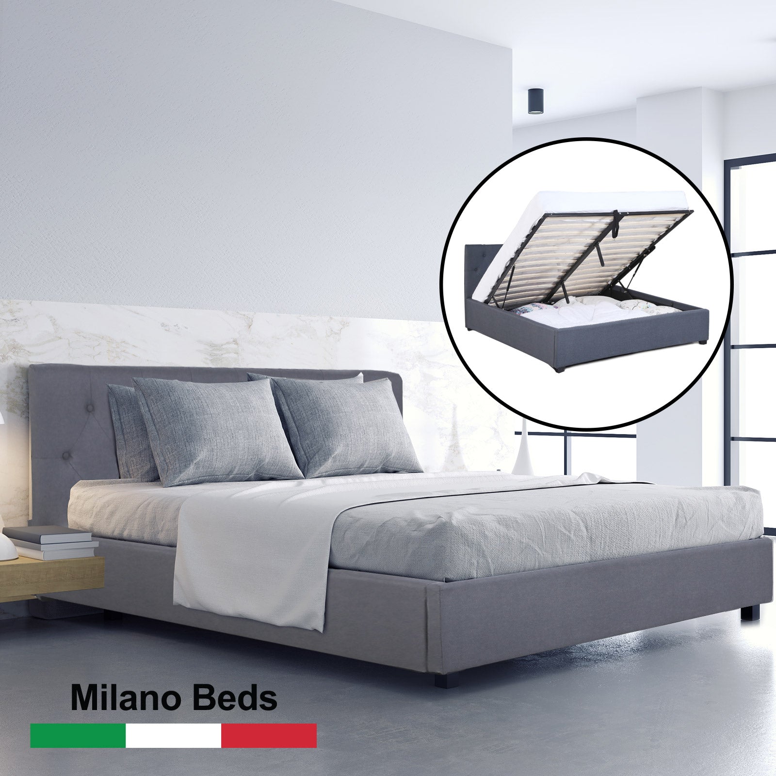 Milano Capri Luxury Gas Lift Bed Frame Base And Headboard With Storage