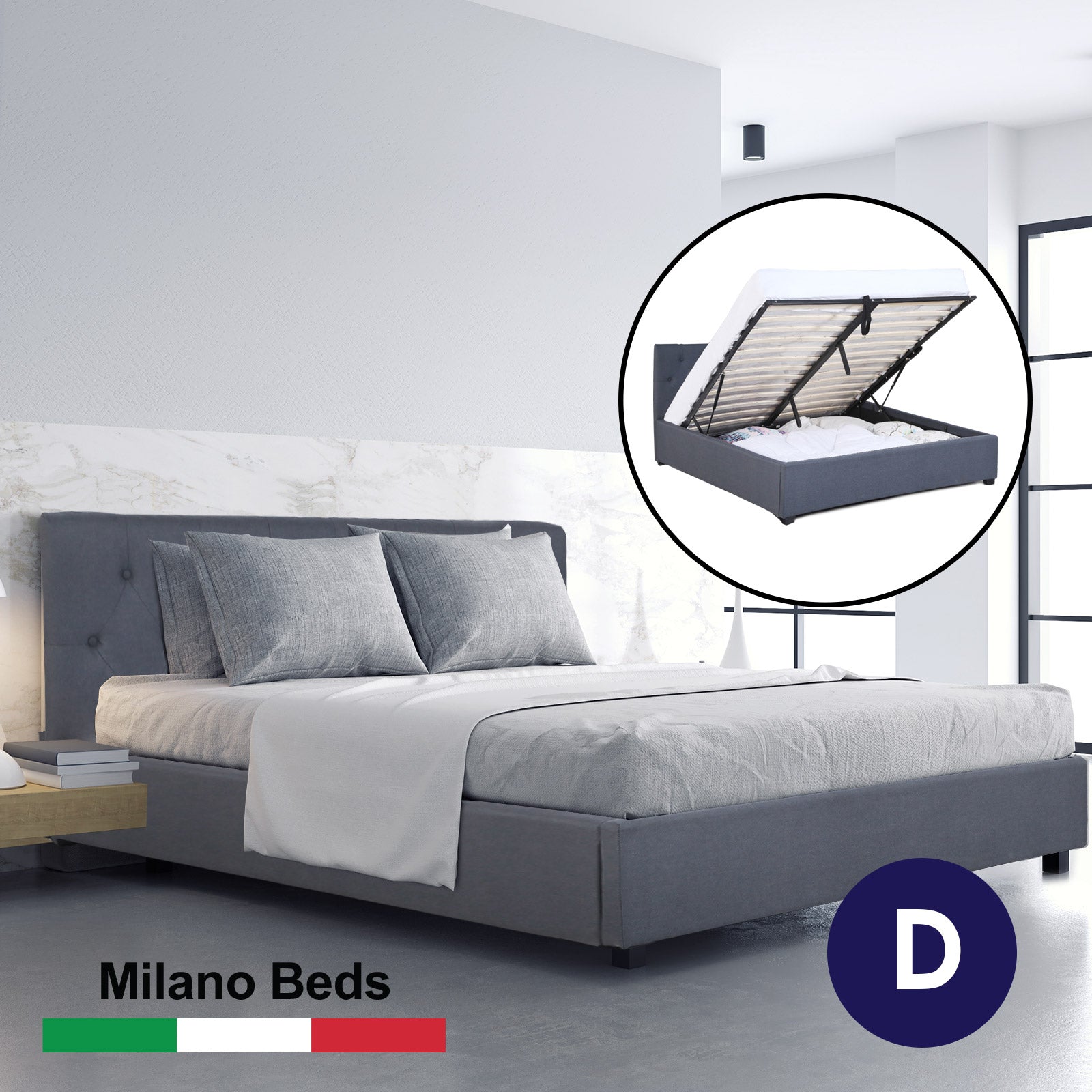 Milano Capri Luxury Gas Lift Bed Frame Base And Headboard With Storage